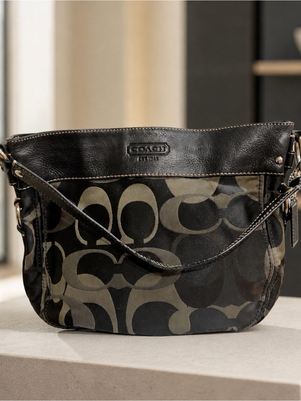 Coach Black and Taupe Signature Hobo Shoulder Bag F14711